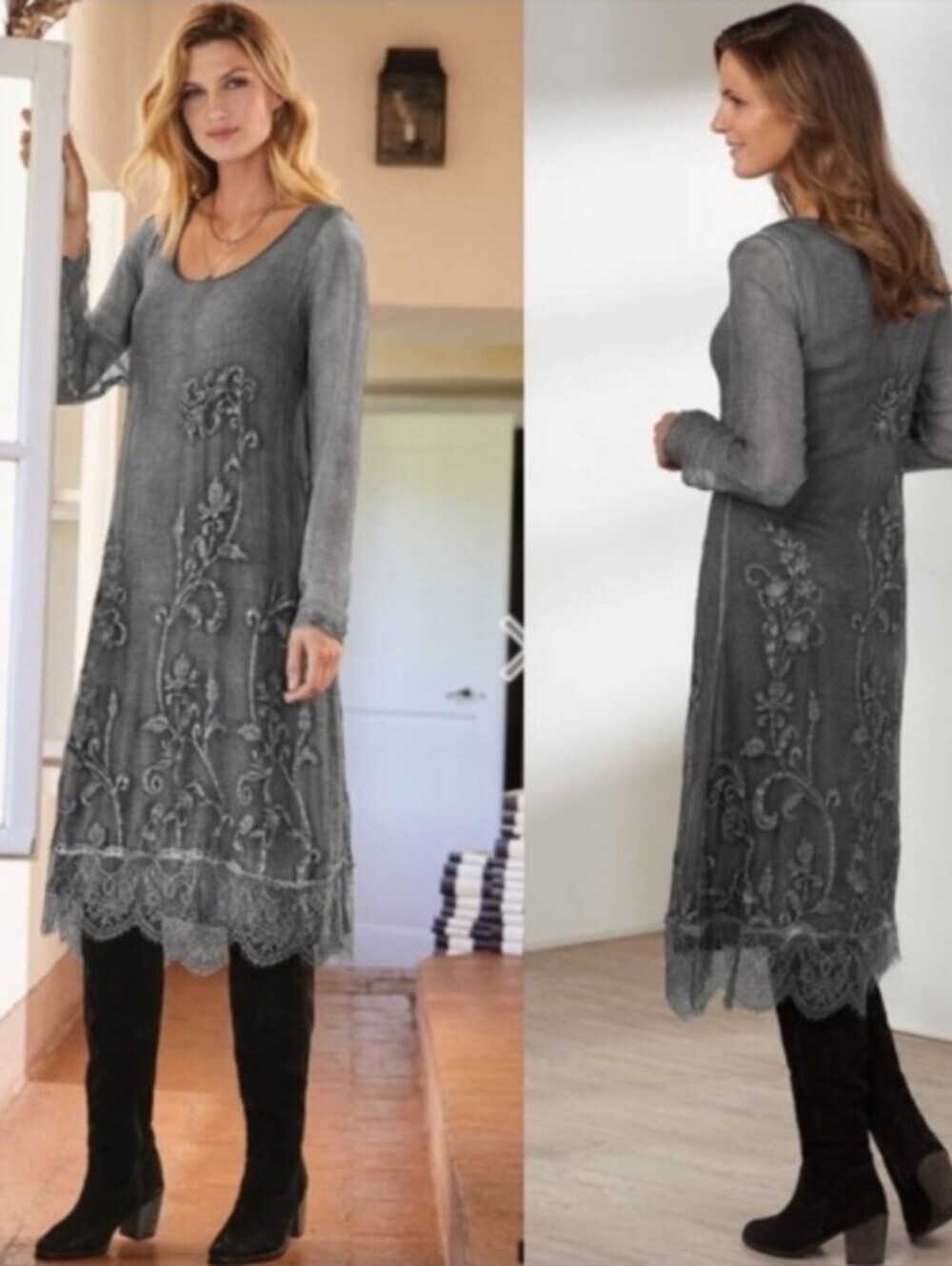 Soft Surroundings Isadora Gray Silk Embroidered Lace Trim Long Sleeve Dress